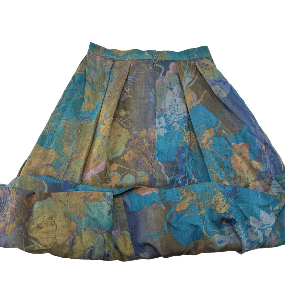 Vintage Geiger 100% Wool Pleated Midi Skirt Teal Blue Abstract Floral Size 28w